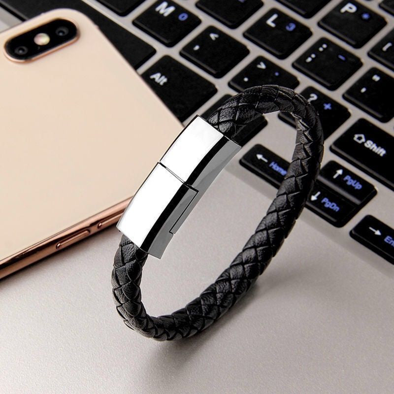 Portable Braided Leather USB Charging Bracelet - Wearable Power