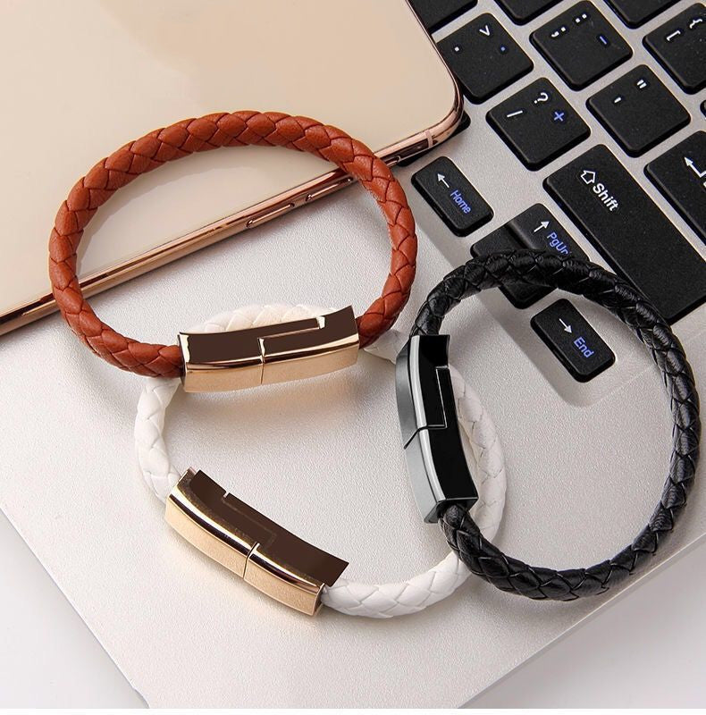 Portable Braided Leather USB Charging Bracelet - Wearable Power