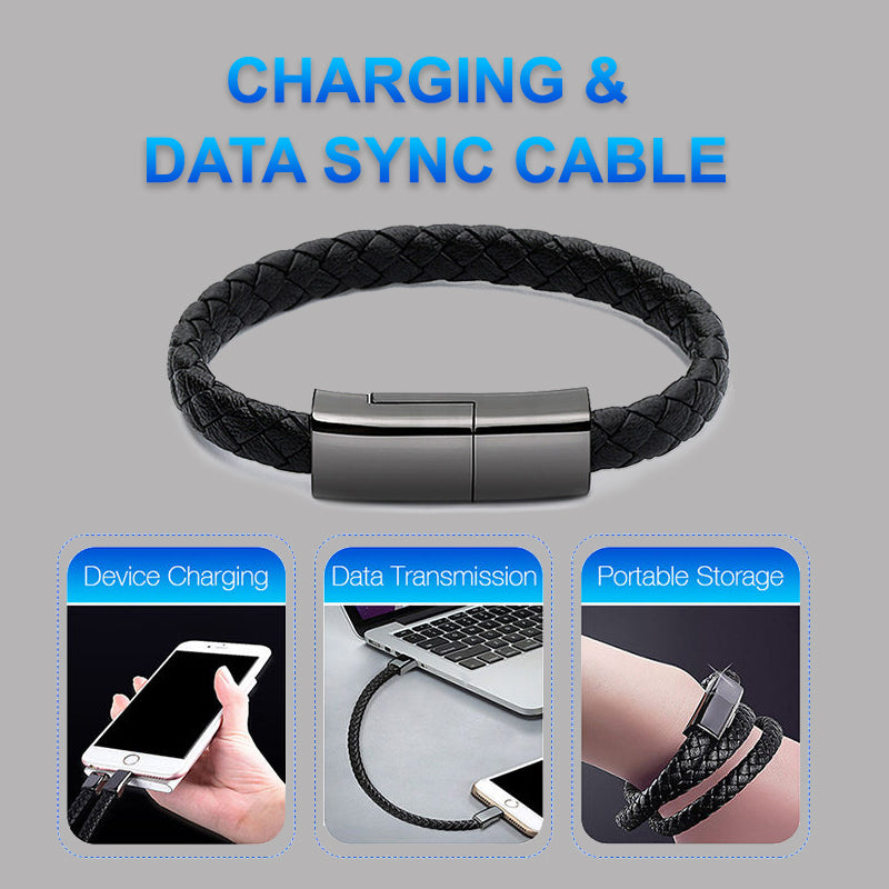 Portable Braided Leather USB Charging Bracelet - Wearable Power