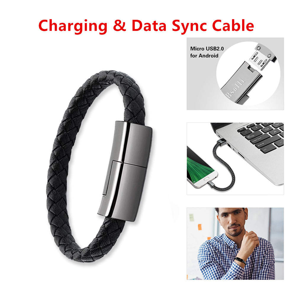 Portable Braided Leather USB Charging Bracelet - Wearable Power