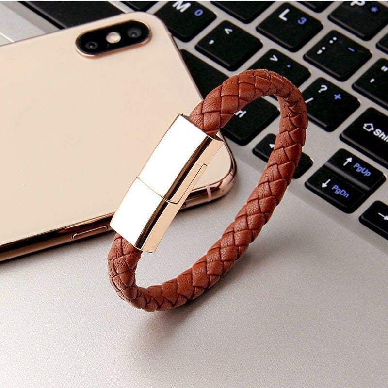 Portable Braided Leather USB Charging Bracelet - Wearable Power